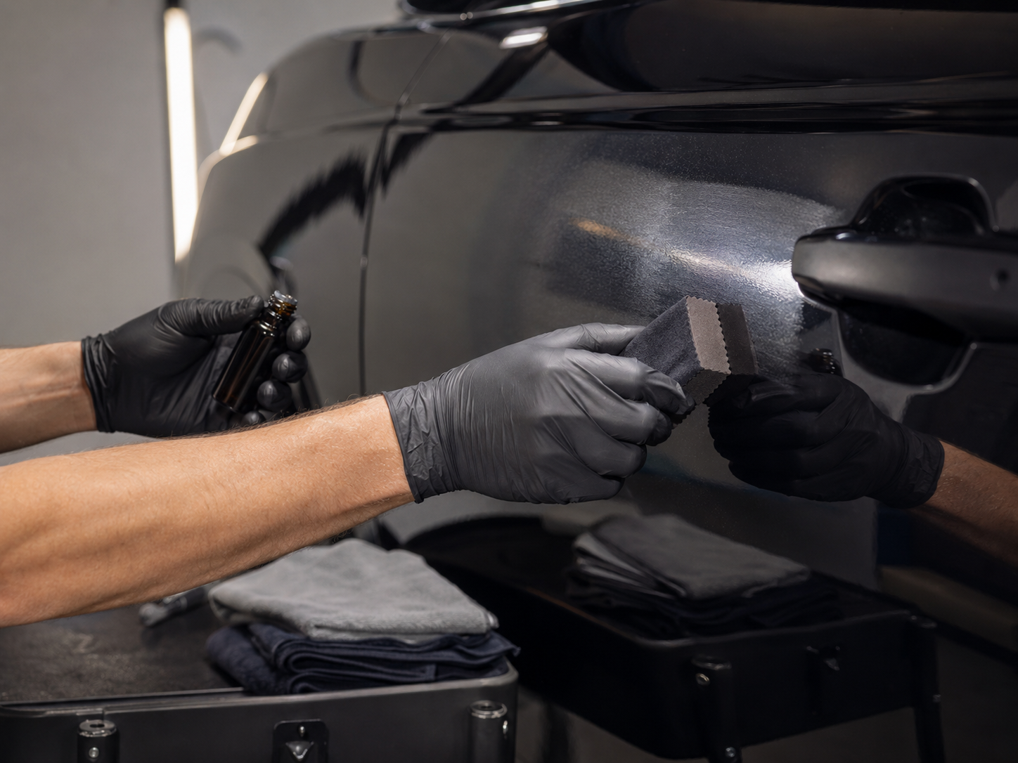 Gloved hands applying ceramic coating to prepared vehicle paint