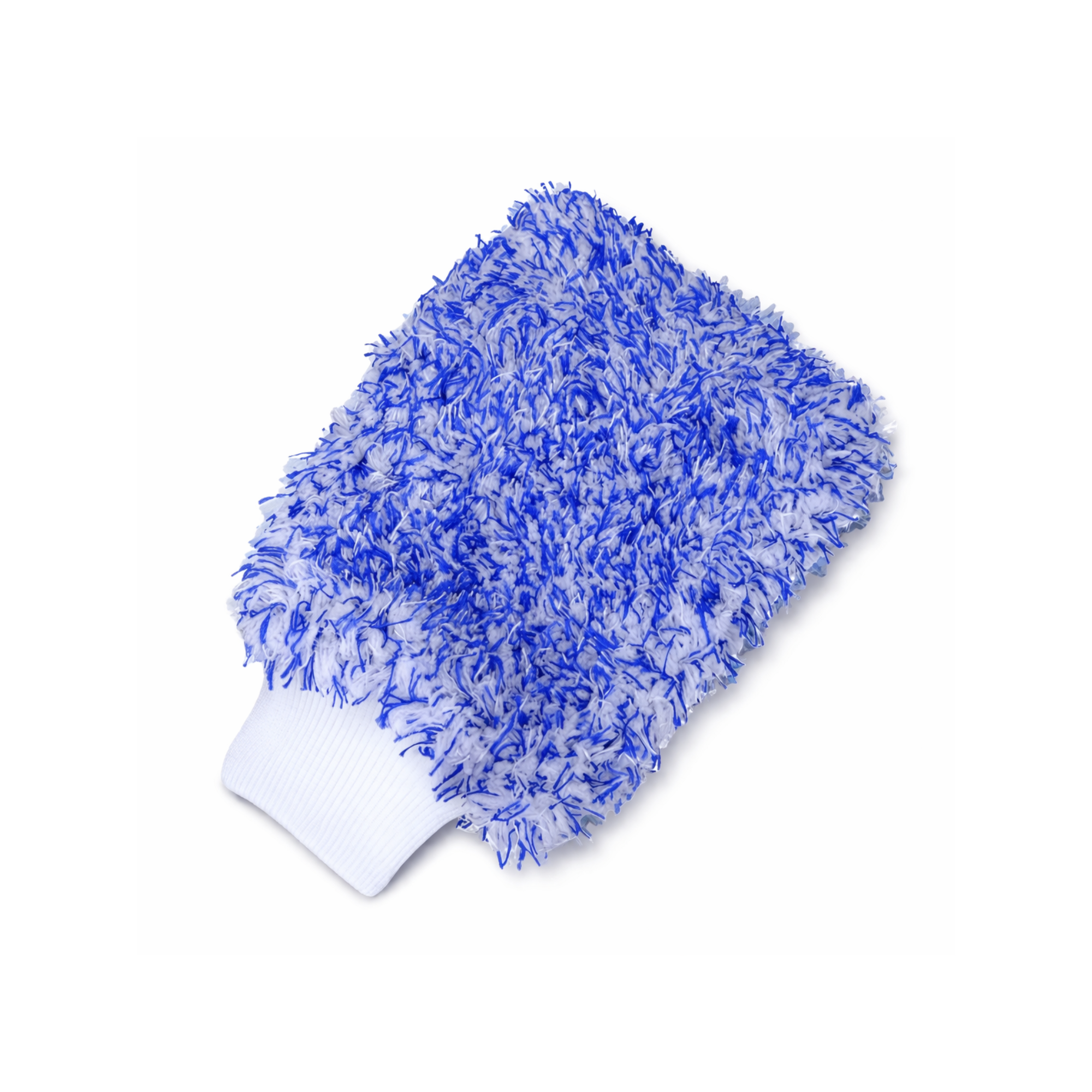 Blue and white microfiber car wash mitt for auto detailing on white background