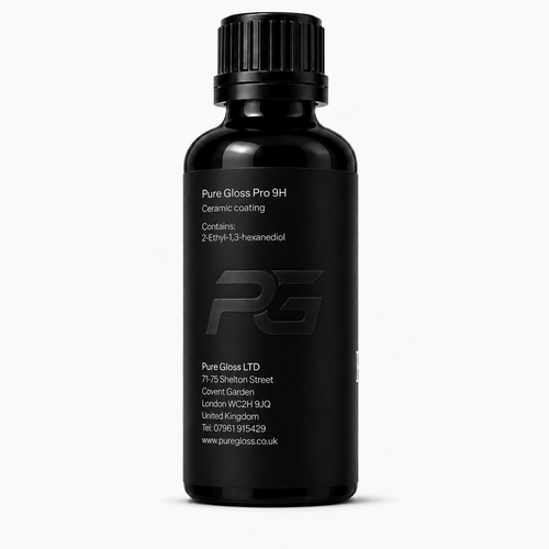 Pure Gloss Pro 9H ceramic coating bottle, product details and manufacturer label