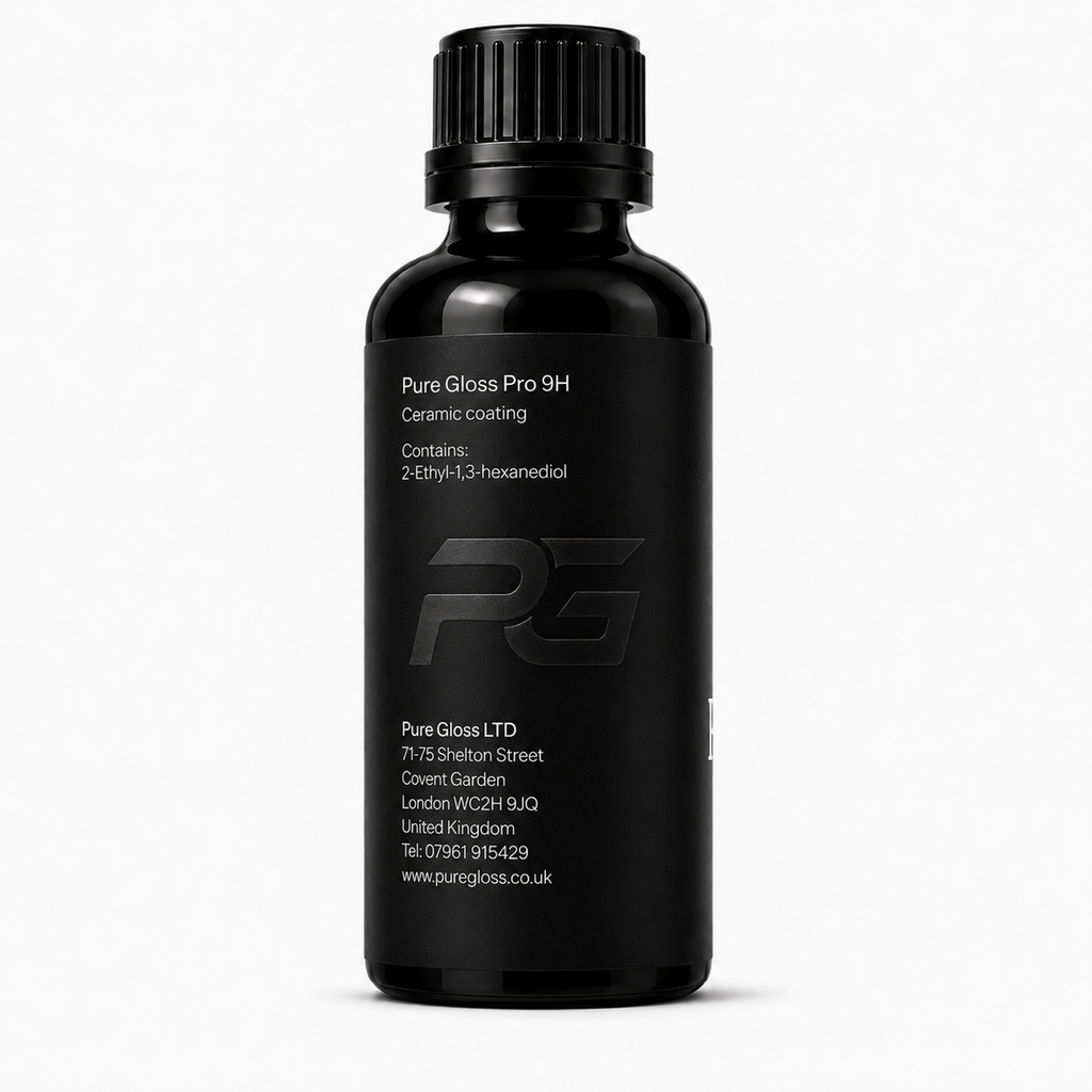 Pure Gloss Pro 9H ceramic coating bottle, product details and manufacturer label