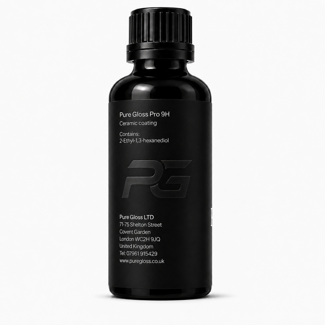 Pure Gloss Pro 9H ceramic coating bottle, product details and manufacturer label