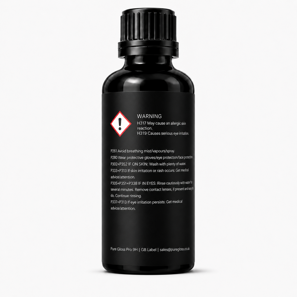 Pure Gloss Pro 9H ceramic coating bottle, warning and safety label