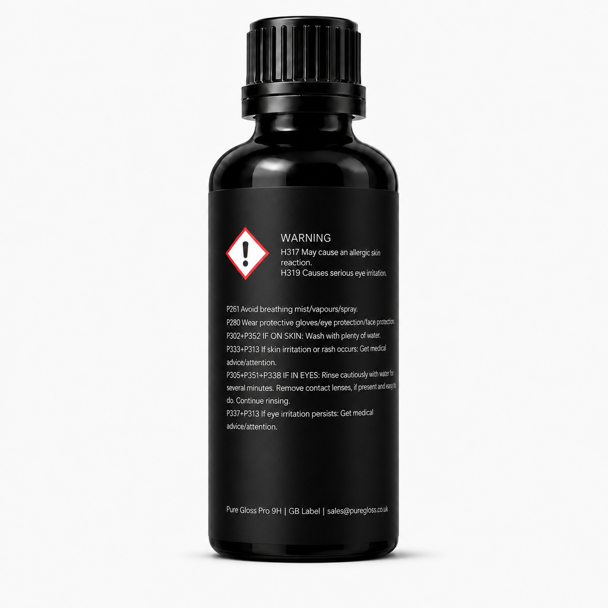 Pure Gloss Pro 9H ceramic coating bottle, warning and safety label